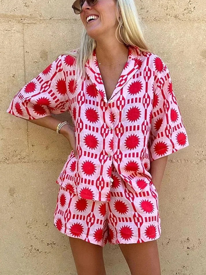 Printed Two-piece Set with Shirt and Shorts for Women