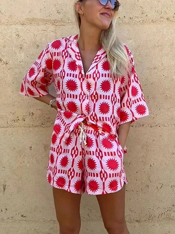 Printed Two-piece Set with Shirt and Shorts for Women