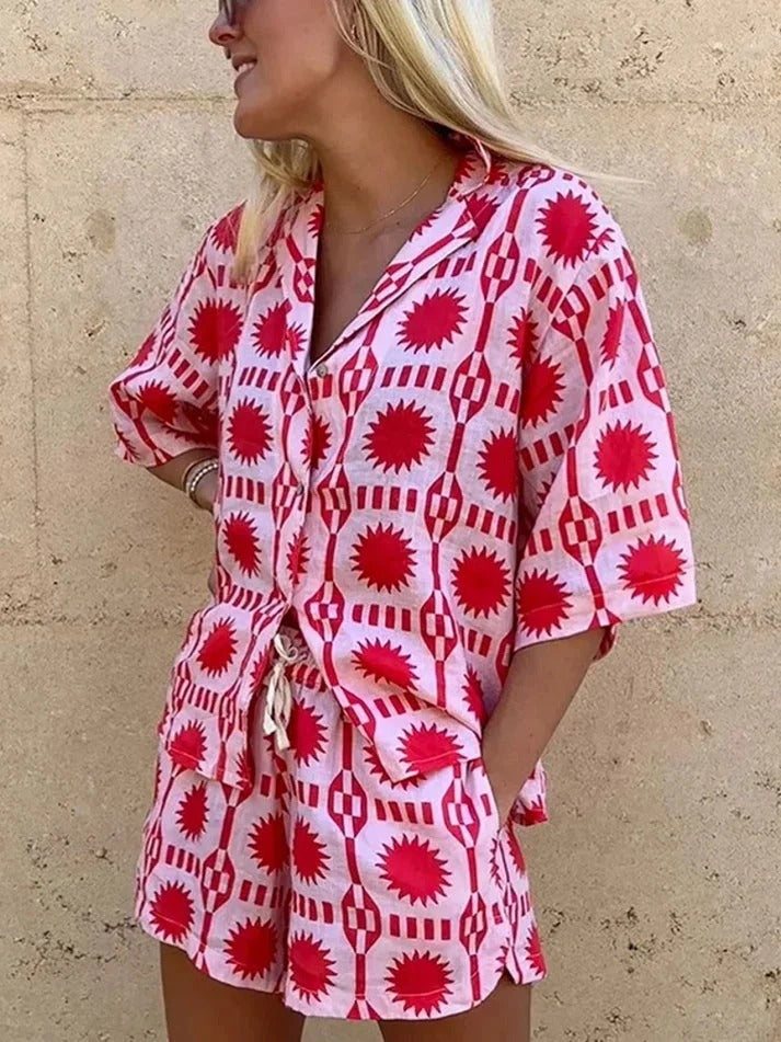 Printed Two-piece Set with Shirt and Shorts for Women