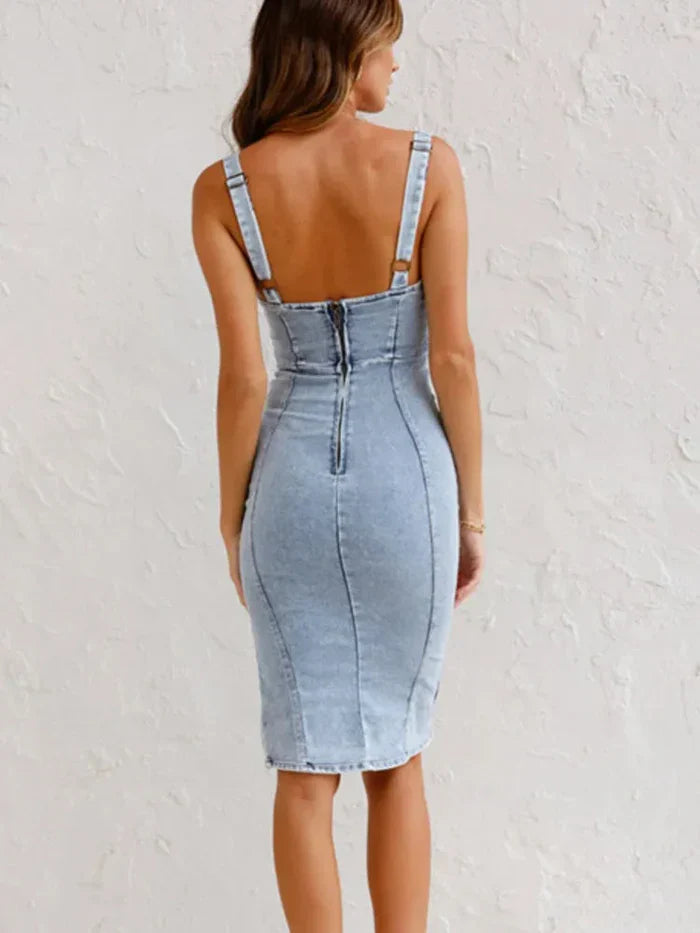Zip-Front Denim Midi Dress for Women