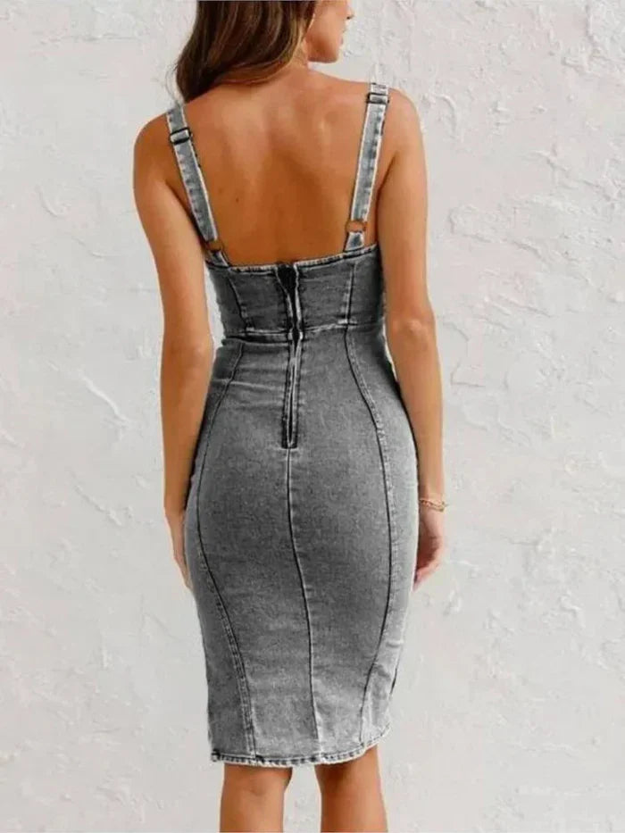 Zip-Front Denim Midi Dress for Women