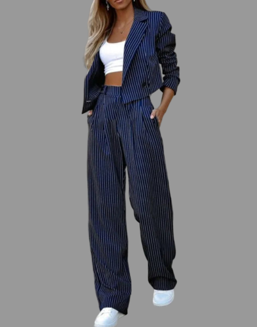 Pinstriped Wide Leg Blazer Suit Set for Women