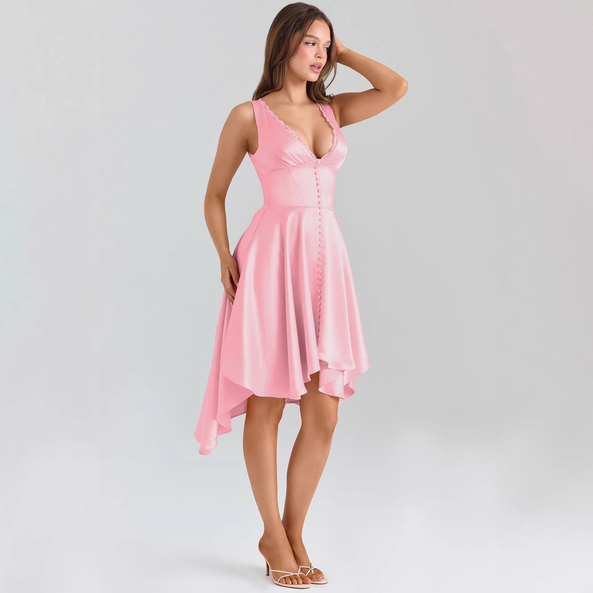 V-Neck Wedding Guest Asymmetrical Midi Dress for Women