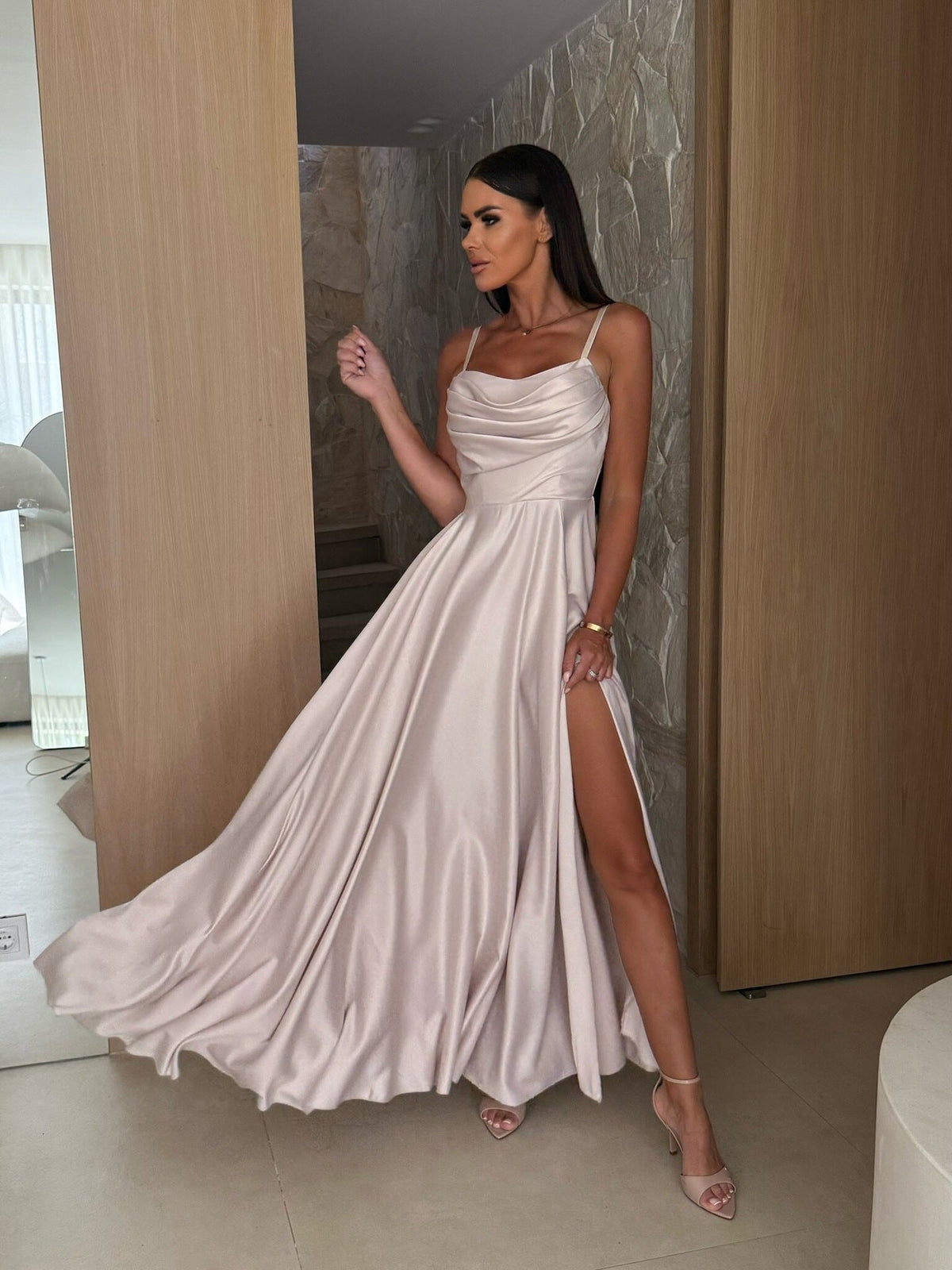 Cowl Neck Pleated Satin Wedding Guest Maxi Dress for Women