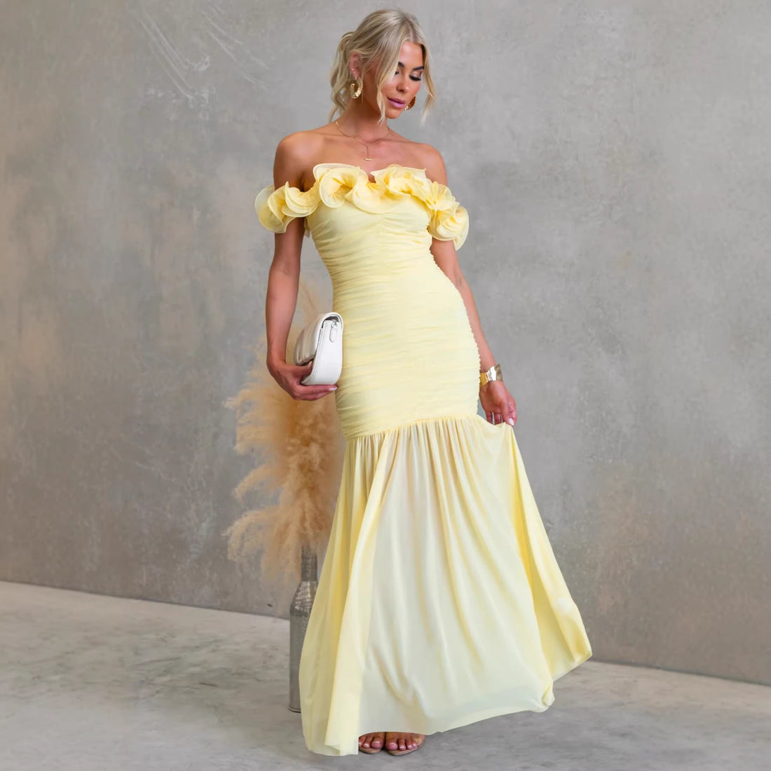 Off-Shoulder Wedding Guest Maxi Dress with Ruffle Details for Women