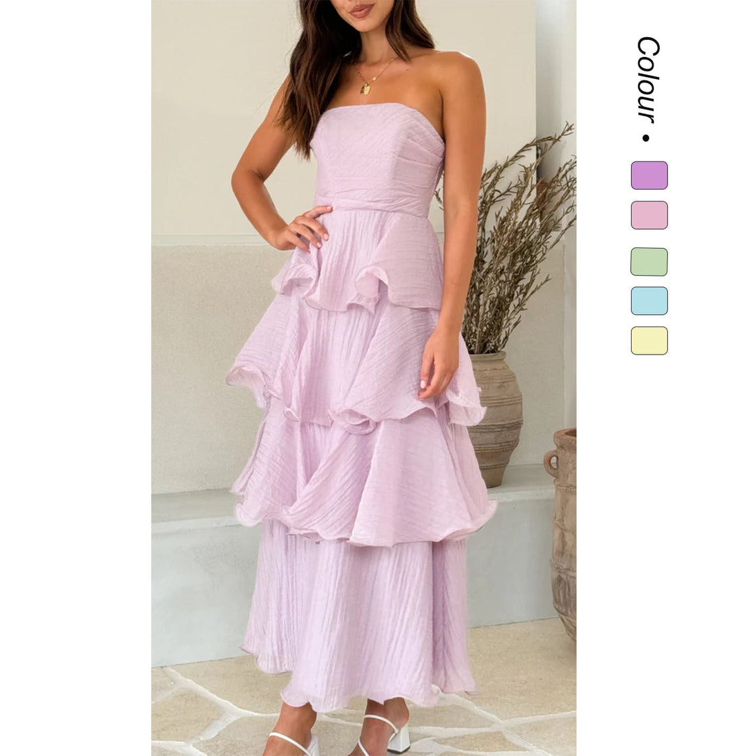 Strapless Tiered Ruffle Wedding Guest Maxi Dress for Women