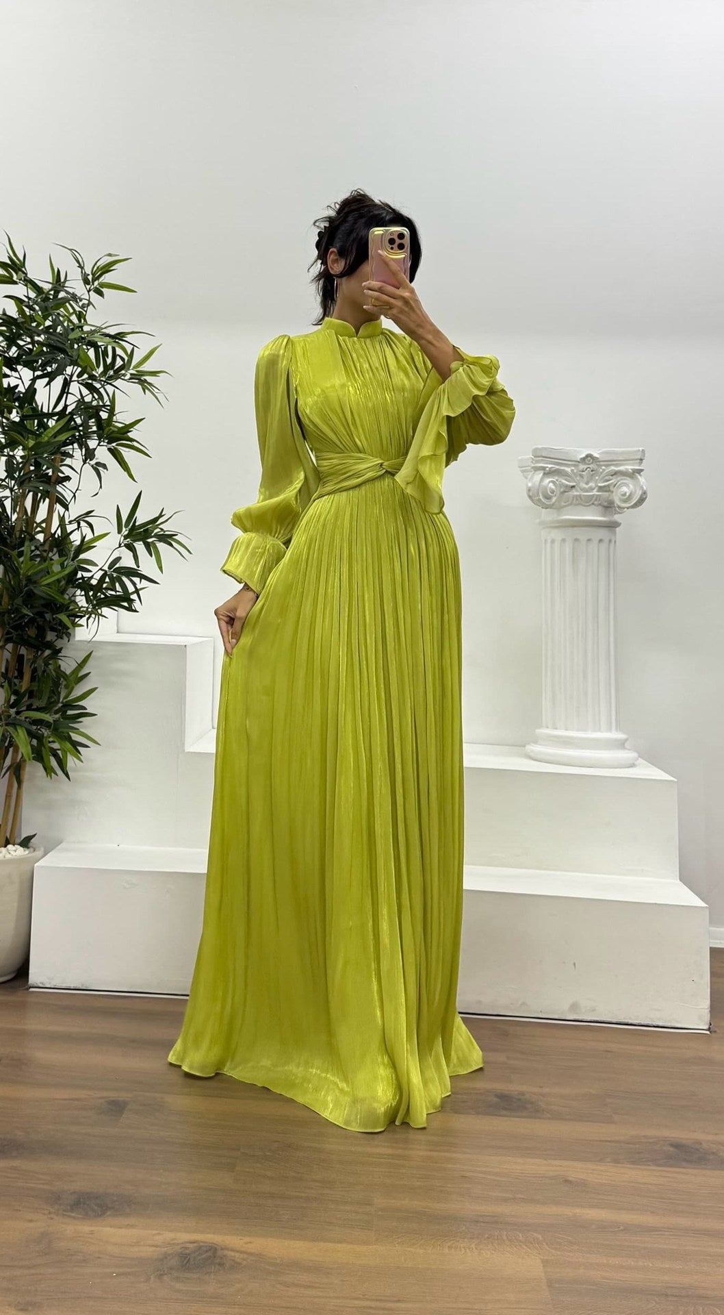 Pleated Long Sleeve Wedding Guest Maxi Dress for Women
