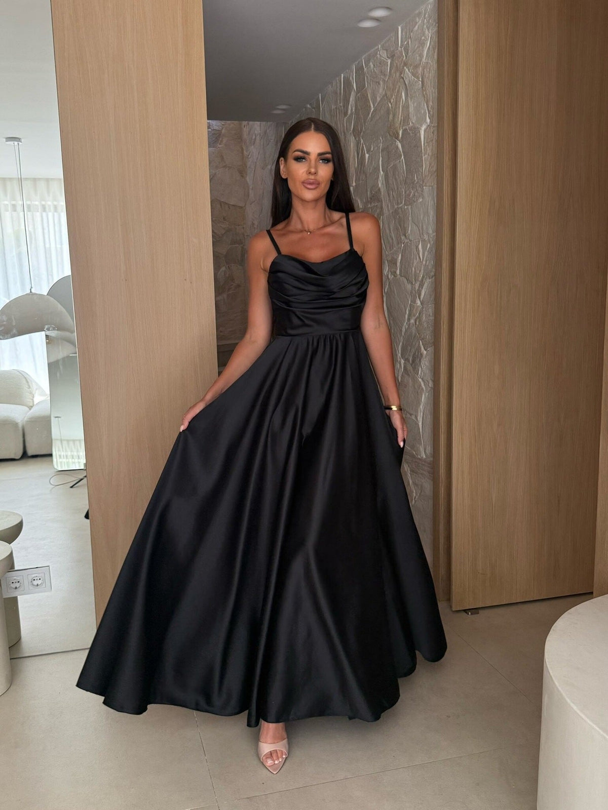 Cowl Neck Pleated Satin Wedding Guest Maxi Dress for Women