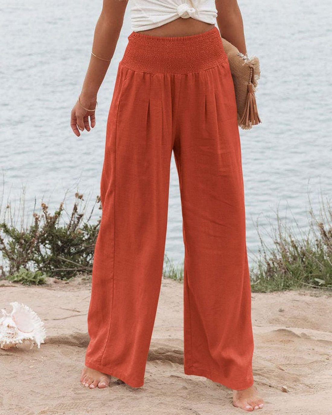 Wide Leg Pleated Linen Trousers with Elastic Waistband for Women