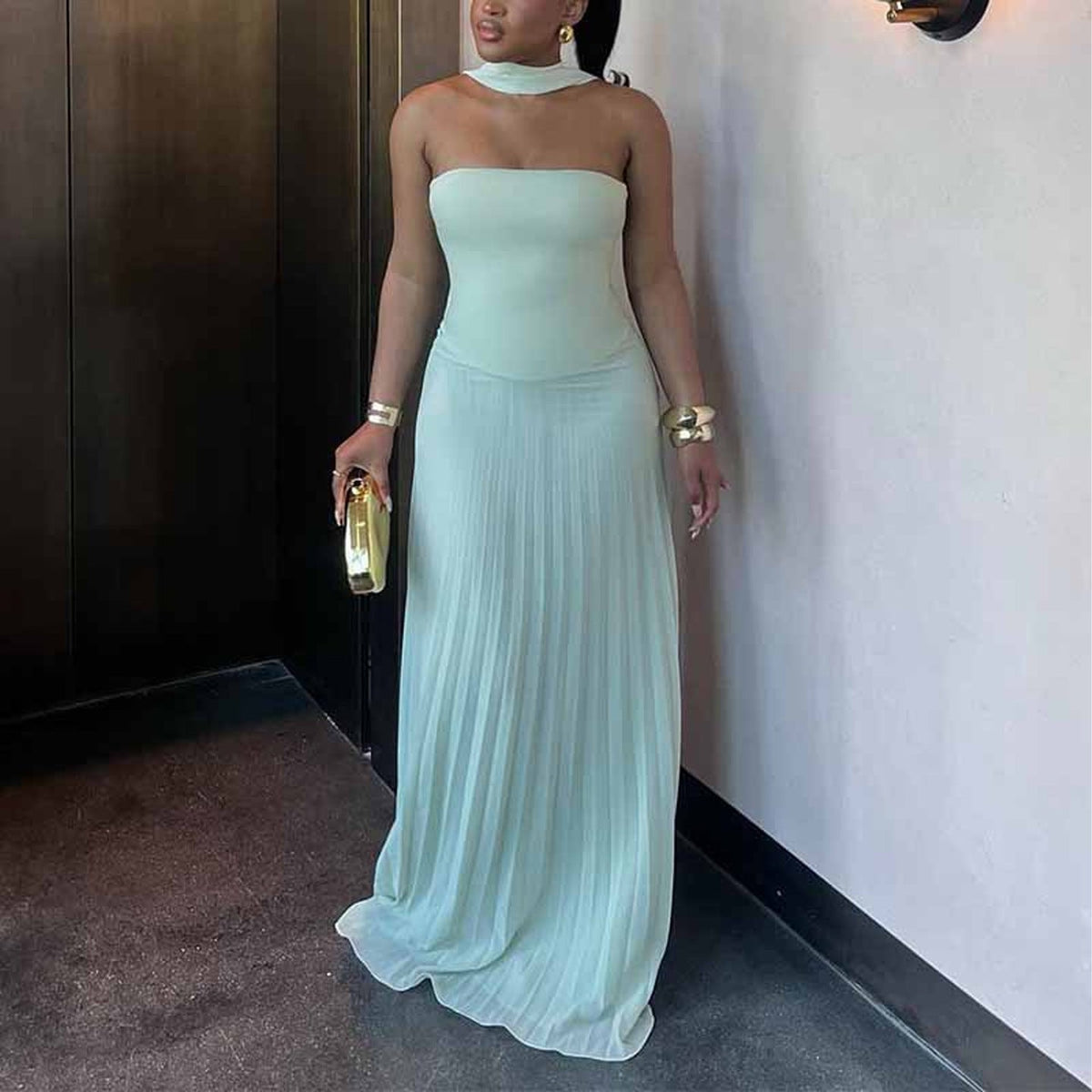 Pleated Choker Neck Maxi Dress Wedding Guest for Women
