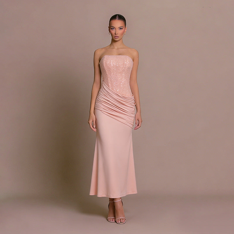 Strapless Wedding Guest Maxi Dress with Ruched Detail for Women