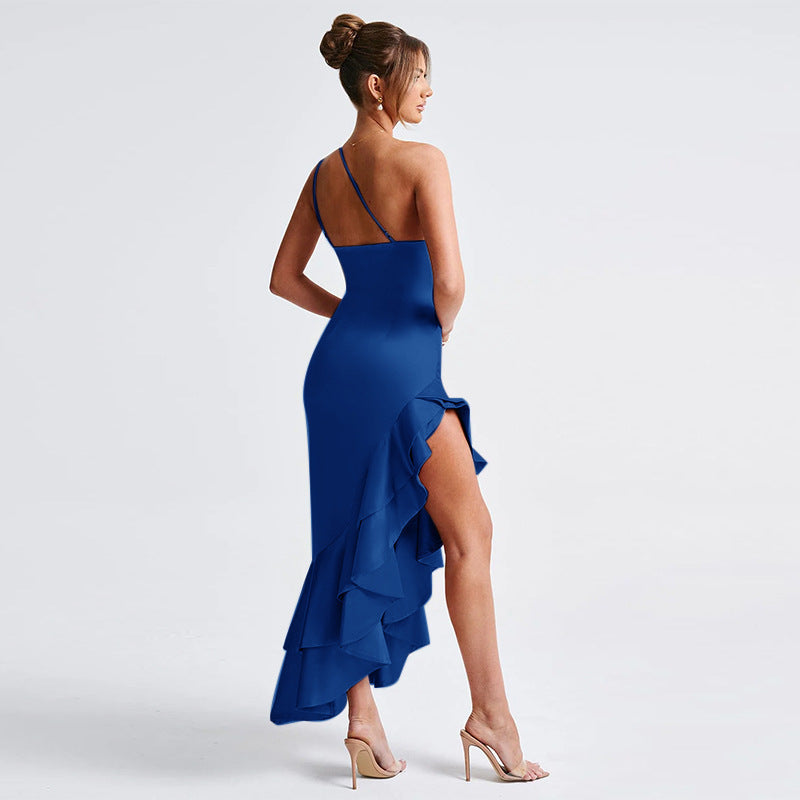 One-Shoulder Asymmetrical Ruffle Wedding Guest Maxi Dress for Women