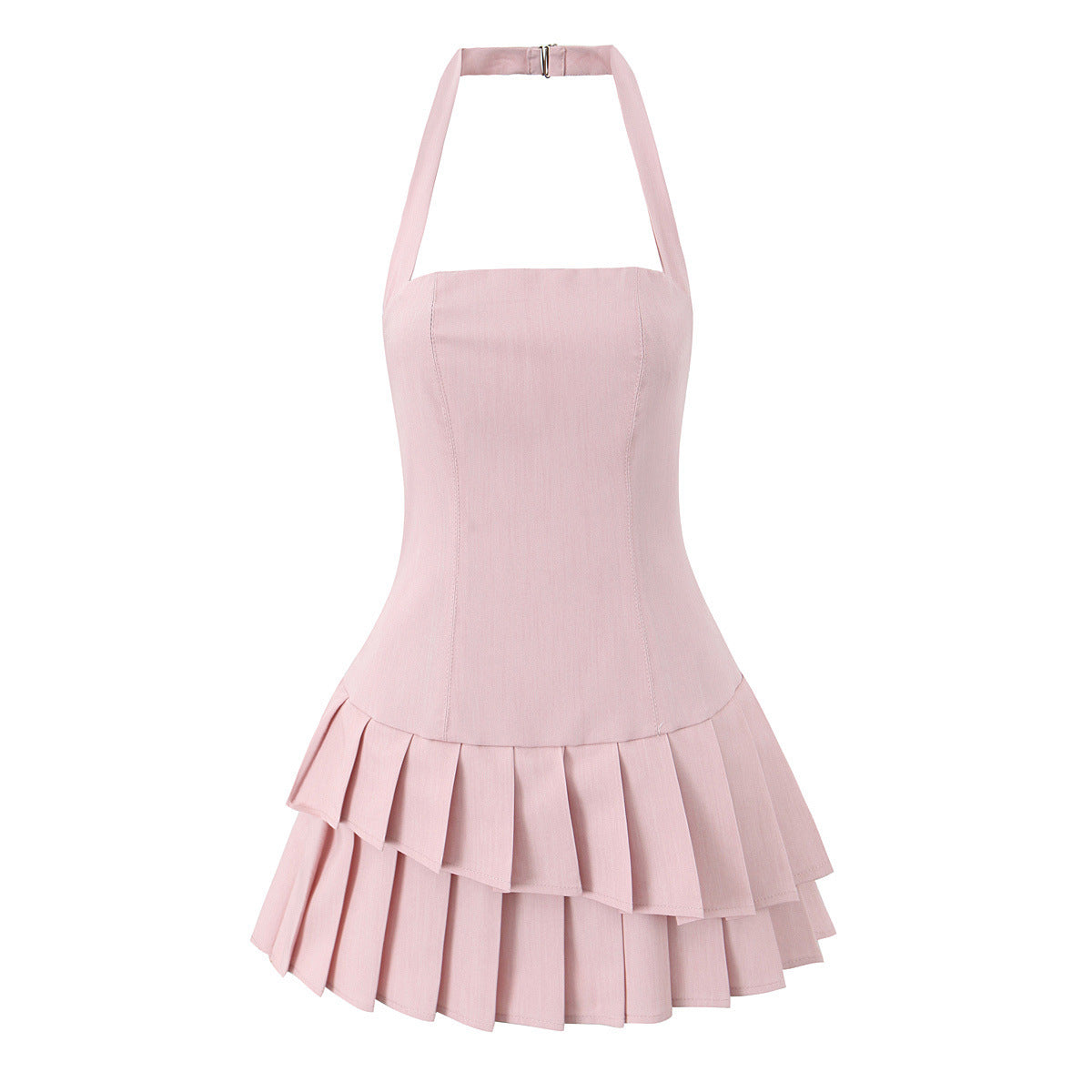 Pleated Halter Mini Dress with Ruffle Skirt for Women