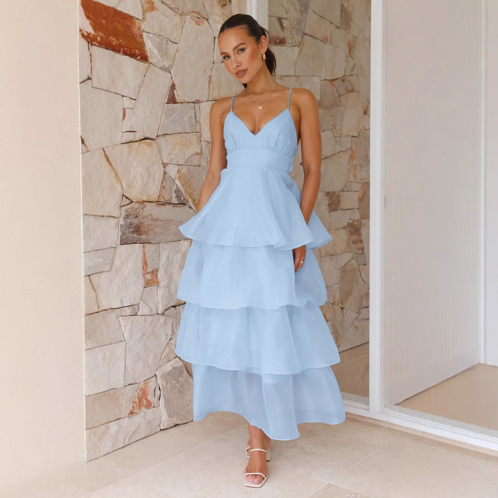 Tiered Spaghetti Strap Wedding Guest Maxi Dress for Women