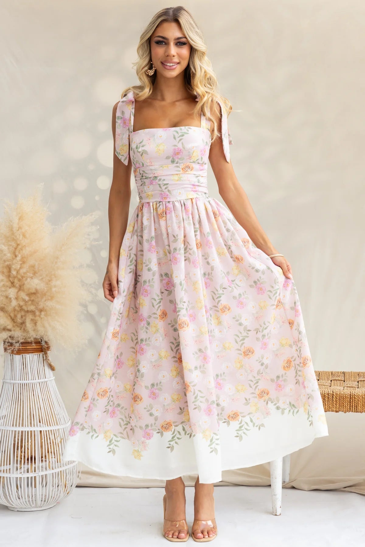 Tie-Shoulder Wedding Guest Floral Maxi Dress for Women