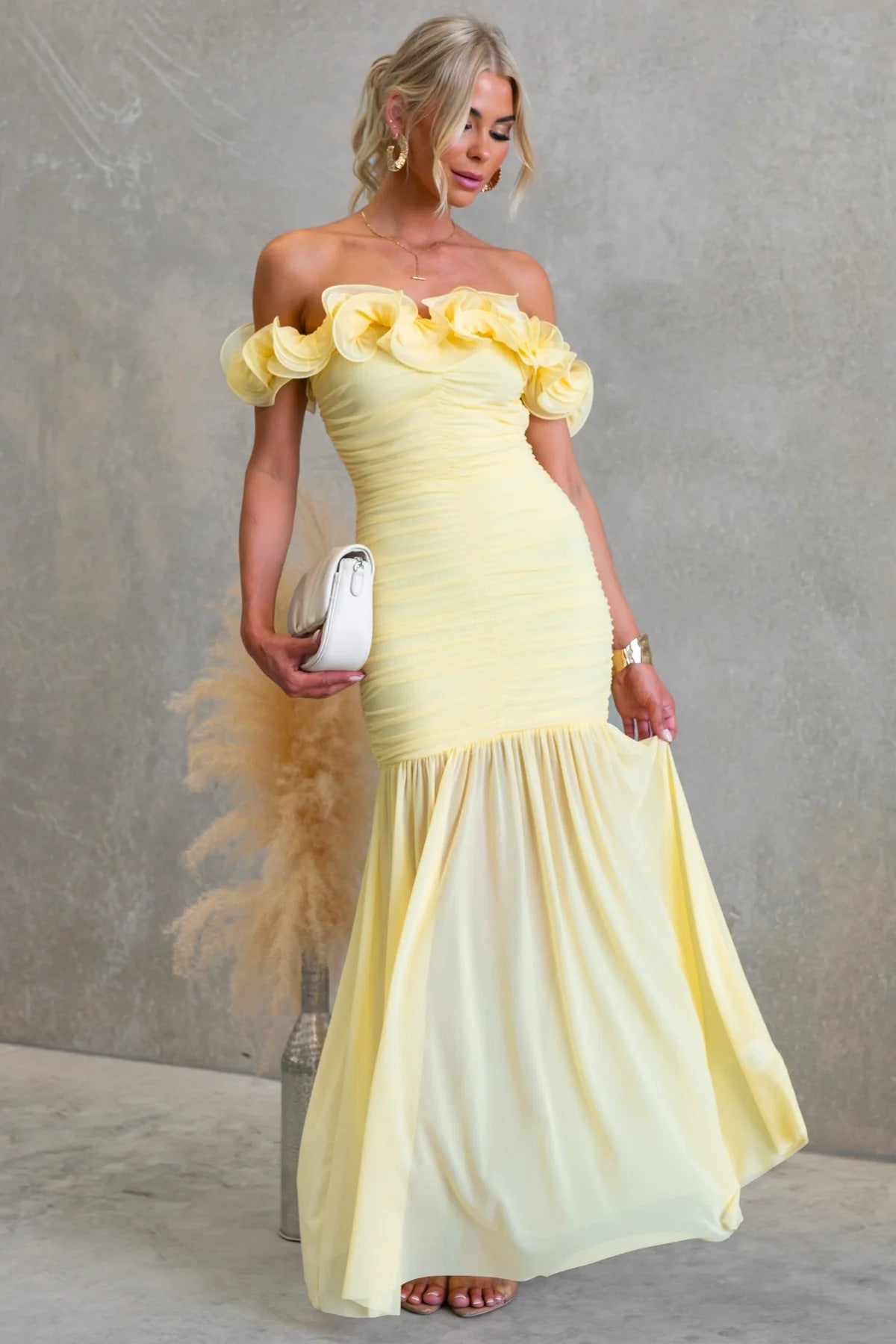Off-Shoulder Wedding Guest Maxi Dress with Ruffle Details for Women
