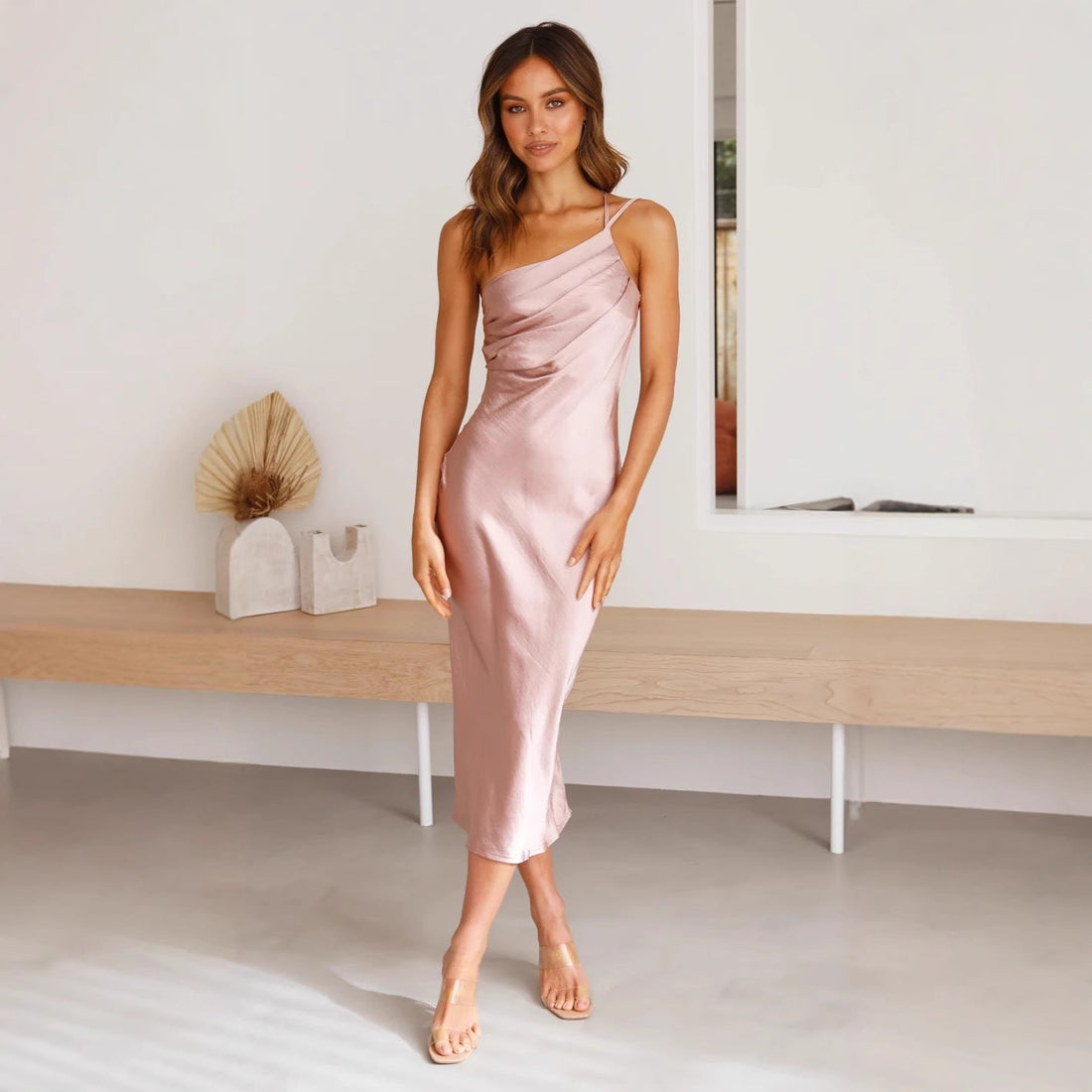 Asymmetrical One-Shoulder Satin Wedding Guest Midi Dress for Women