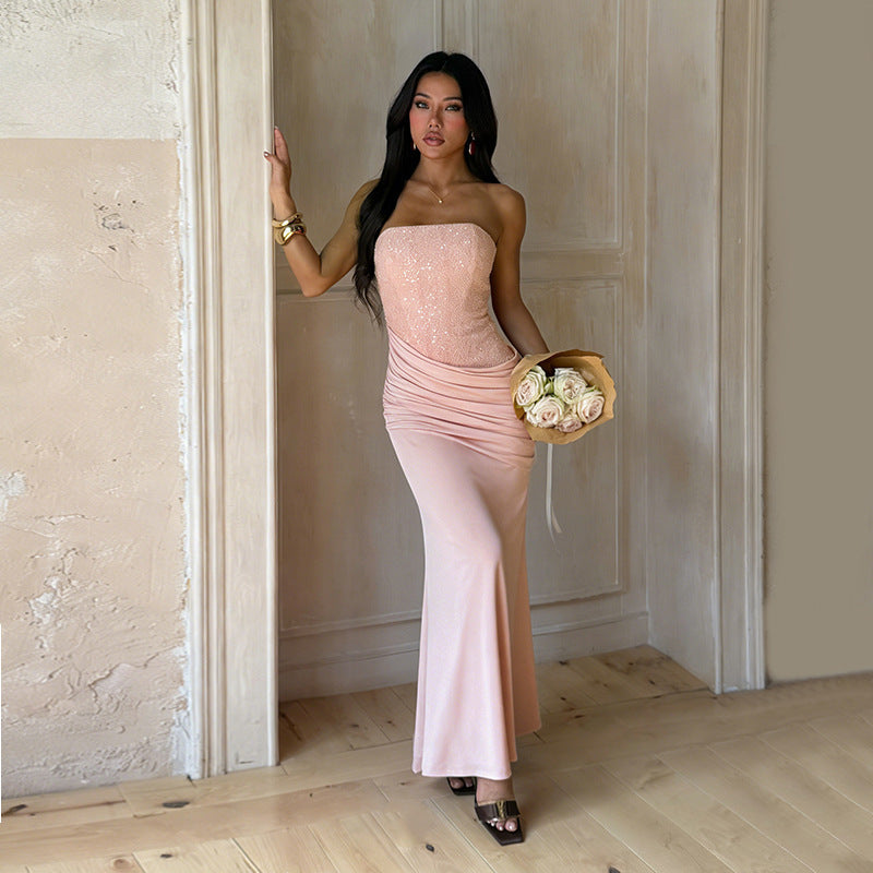 Strapless Wedding Guest Maxi Dress with Ruched Detail for Women