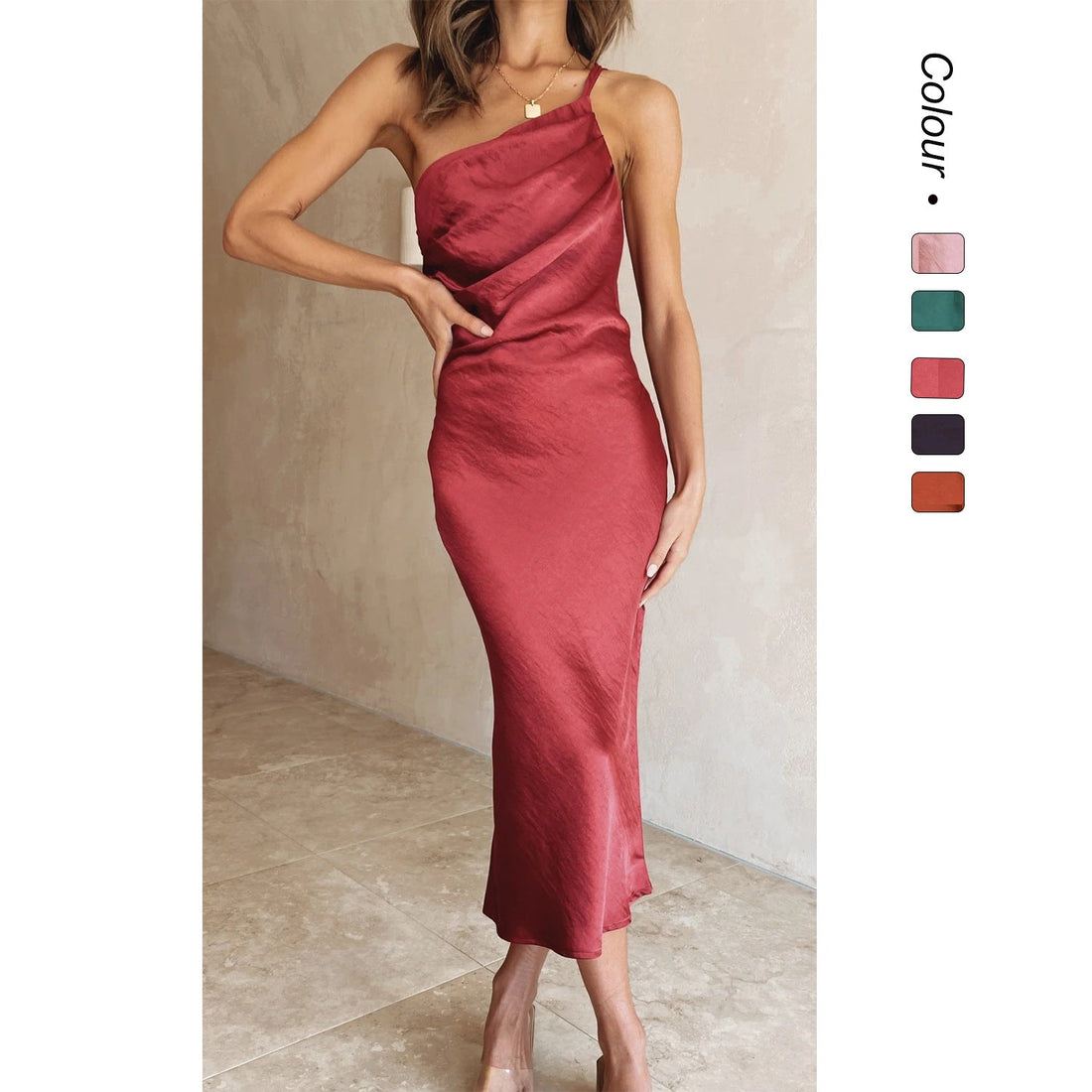 Asymmetrical One-Shoulder Satin Wedding Guest Midi Dress for Women