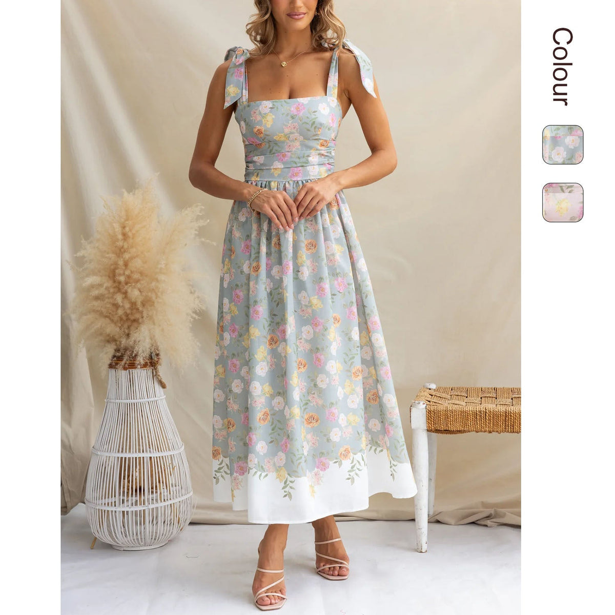 Tie-Shoulder Wedding Guest Floral Maxi Dress for Women