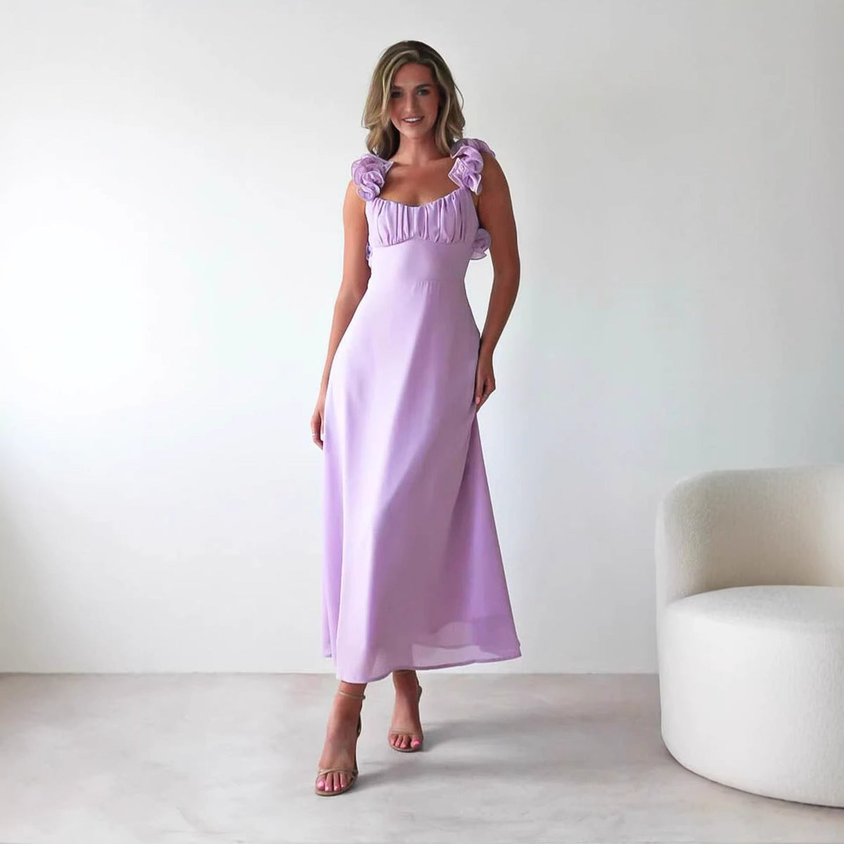 Ruffle Shoulder Wedding Guest Maxi Dress for Women