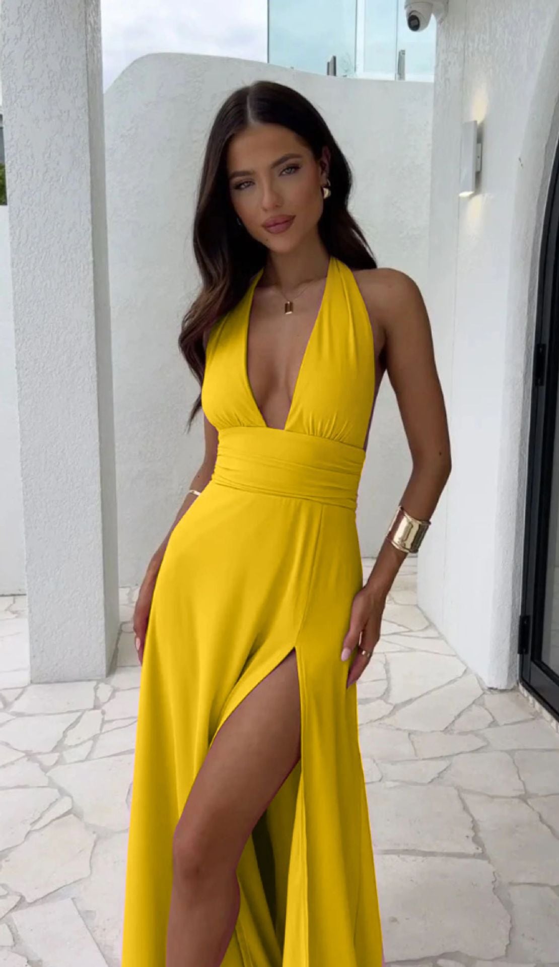 Halter Neck Wedding Guest Maxi Dress with High Slit for Women