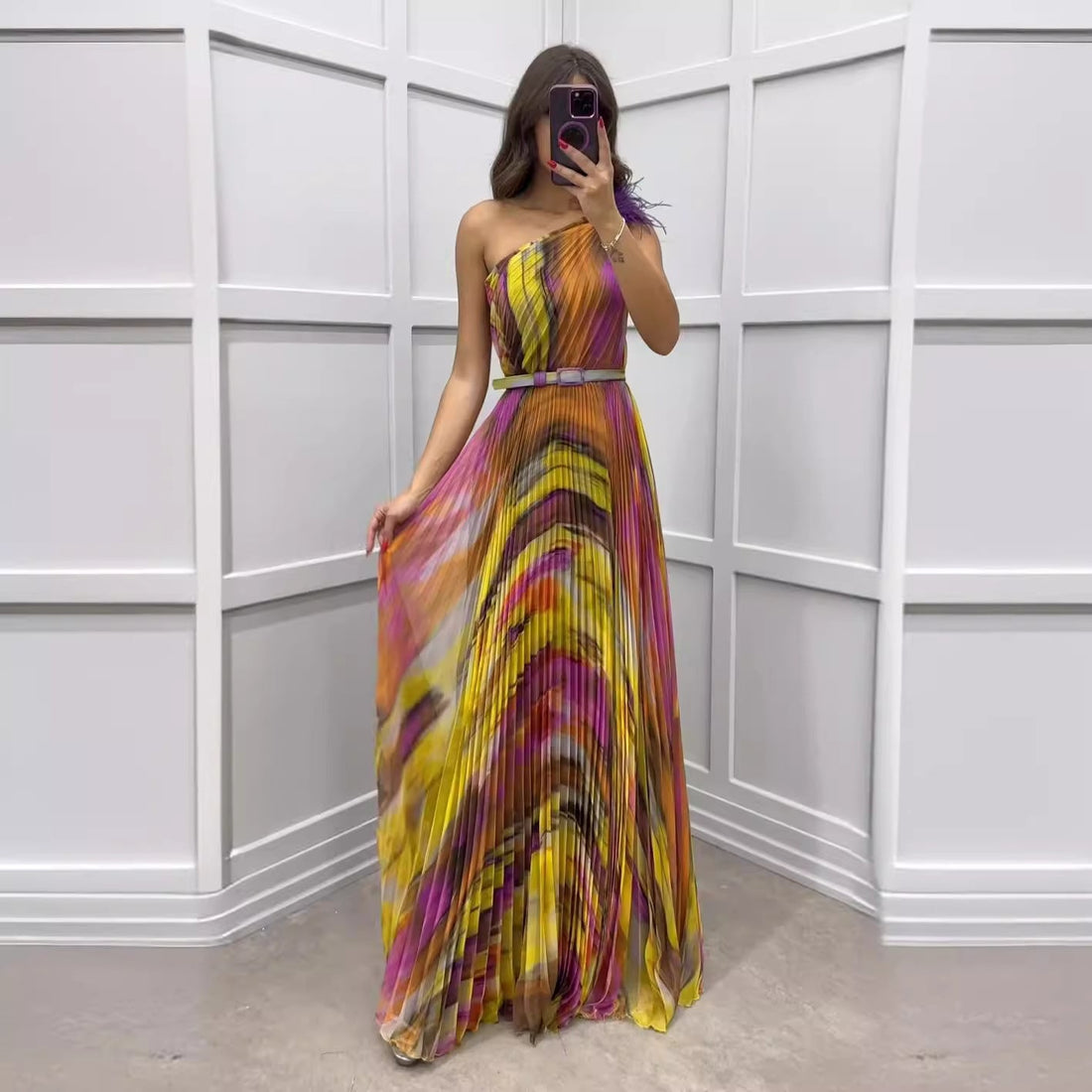 Pleated Asymmetric Strap Wedding Guest Maxi Dress for Women