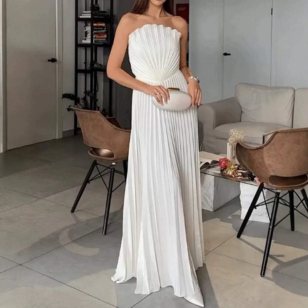 Pleated Strapless Wedding Guest Maxi Dress for Women