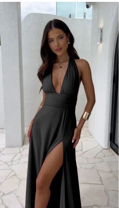 Halter Neck Wedding Guest Maxi Dress with High Slit for Women