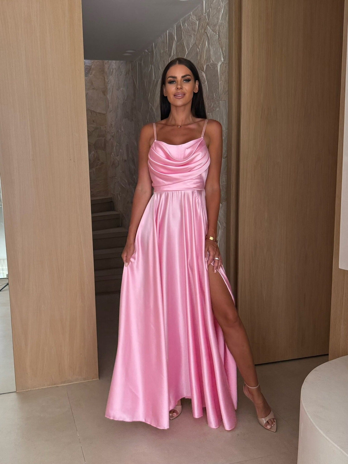 Cowl Neck Pleated Satin Wedding Guest Maxi Dress for Women