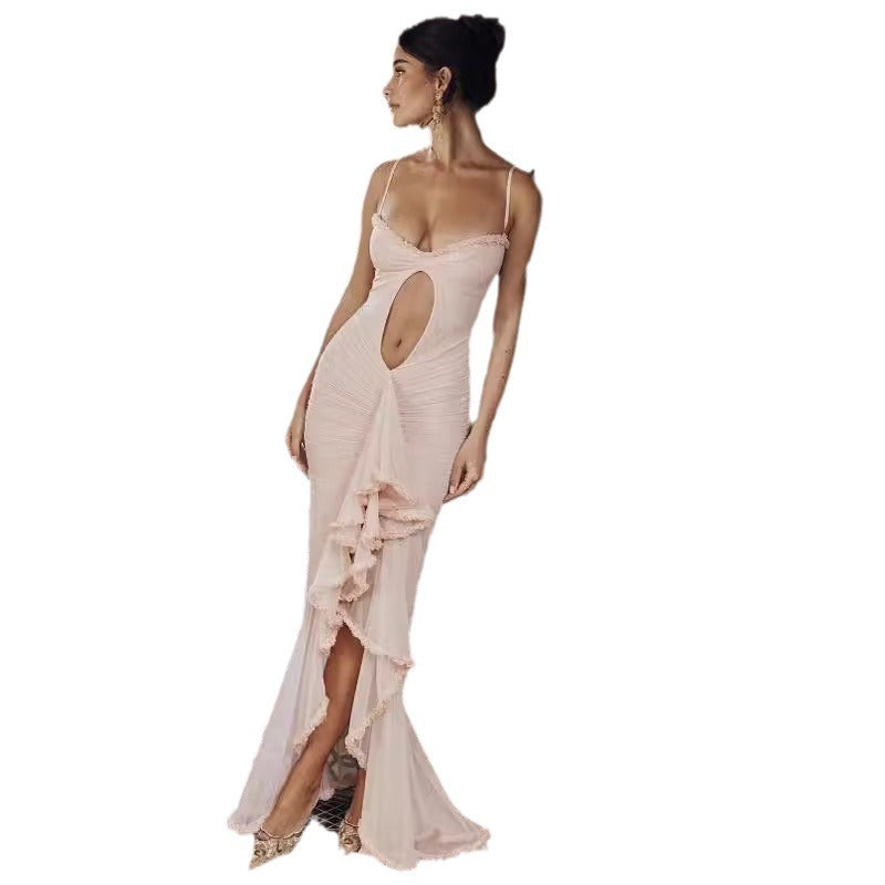 V-Neck Wedding Guest Maxi Dress with Ruffle Hem for Women
