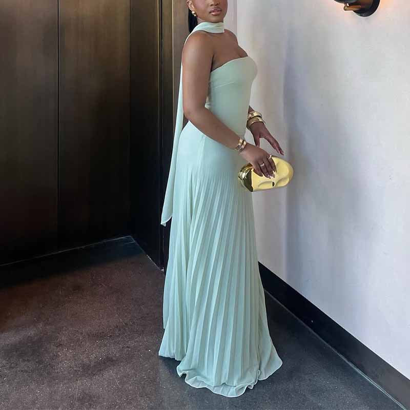 Pleated Choker Neck Maxi Dress Wedding Guest for Women