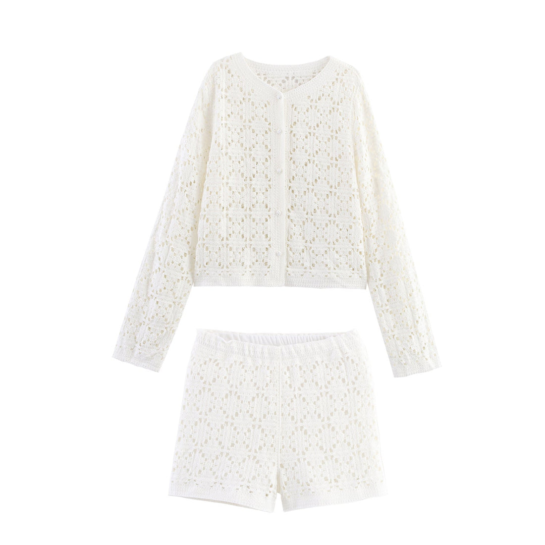 Cropped Crew Neck Crochet Co-Ord Shorts Set for Women