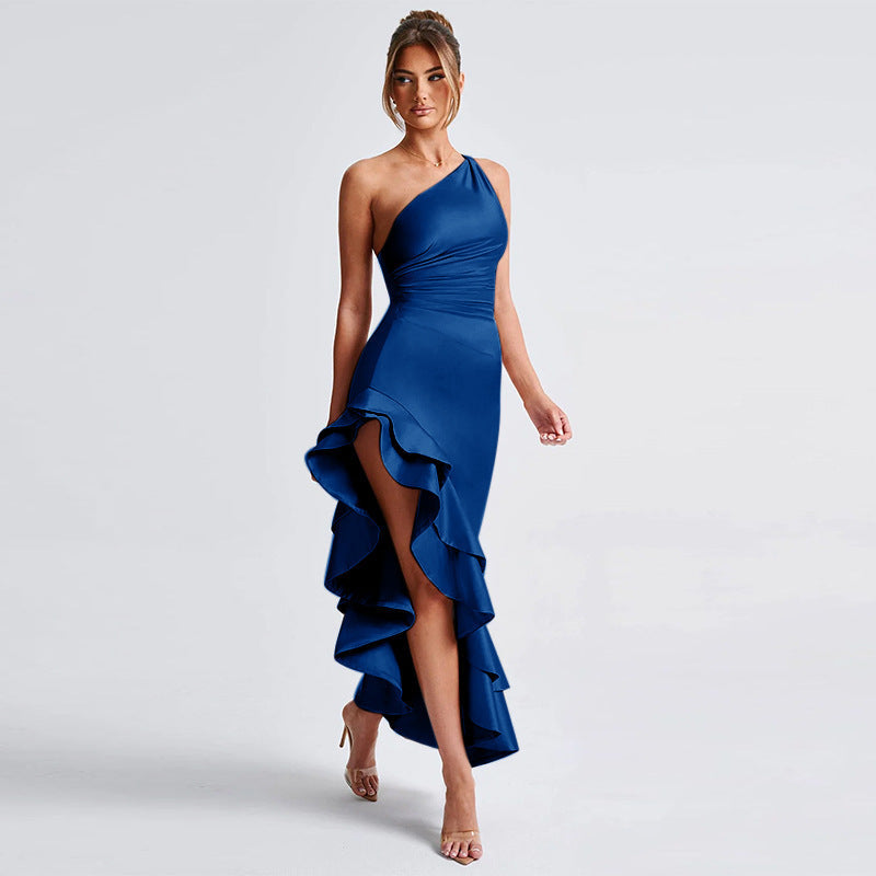 One-Shoulder Asymmetrical Ruffle Wedding Guest Maxi Dress for Women