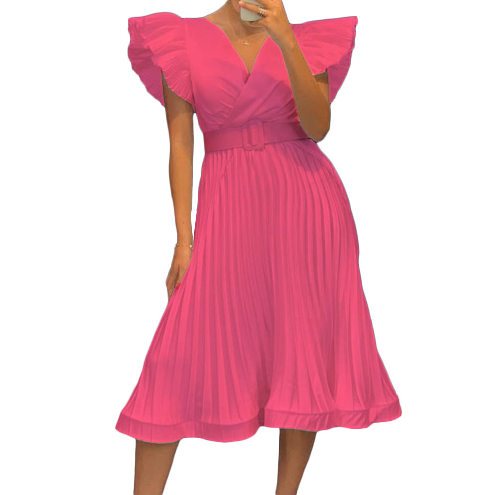 Pleated Belted Wrap Wedding Guest Midi Dress for Women