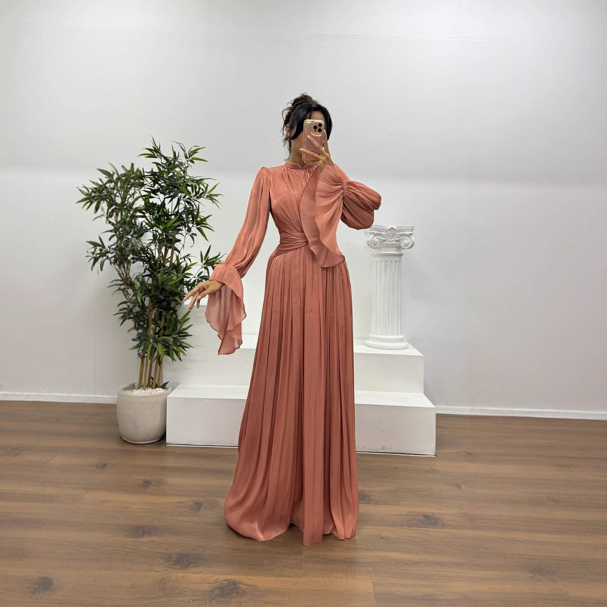 Pleated Long Sleeve Wedding Guest Maxi Dress for Women