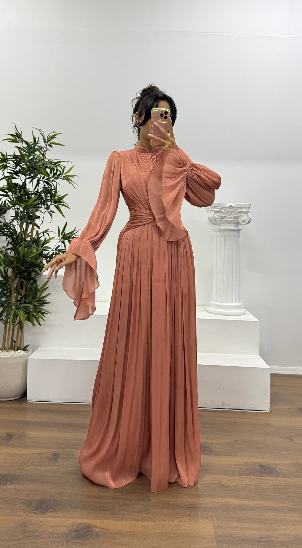 Pleated Long Sleeve Wedding Guest Maxi Dress for Women