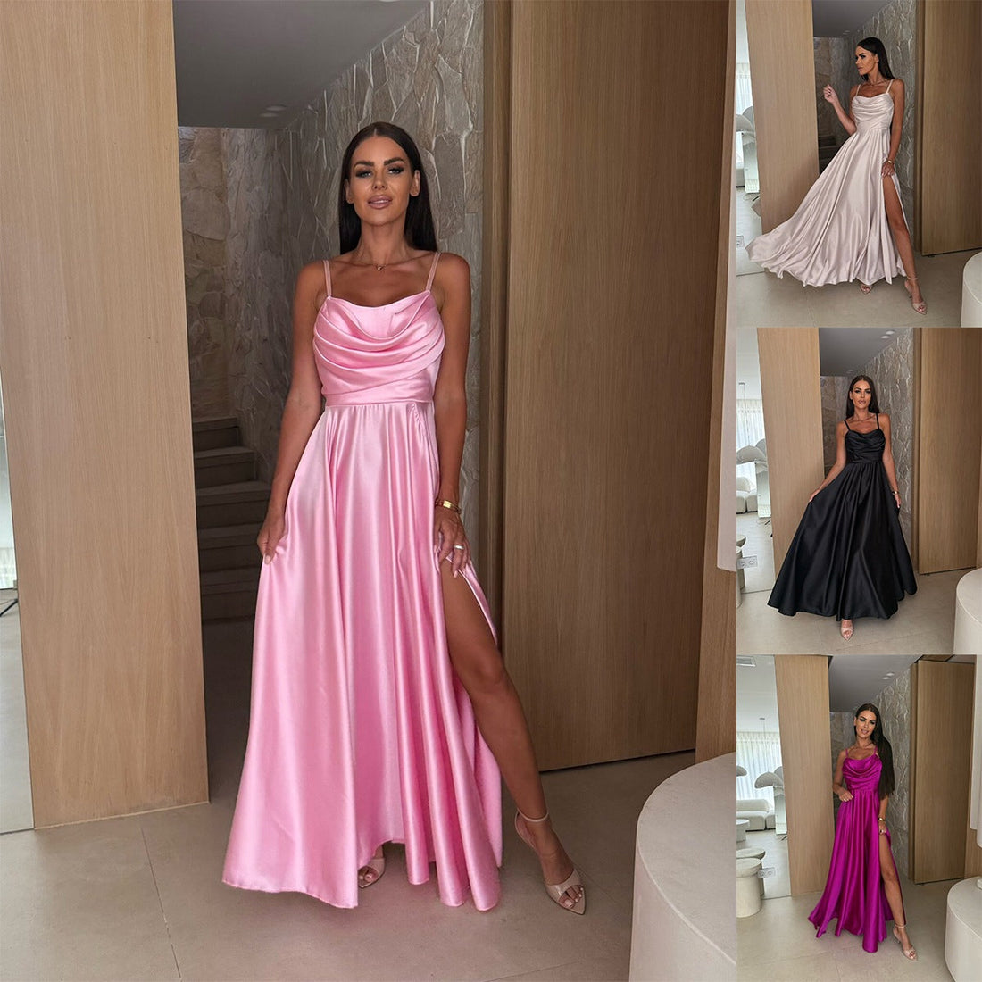 Cowl Neck Pleated Satin Wedding Guest Maxi Dress for Women