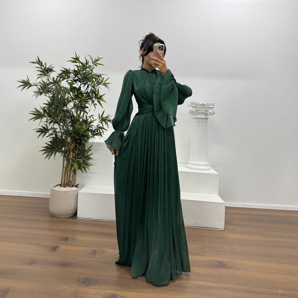 Pleated Long Sleeve Wedding Guest Maxi Dress for Women