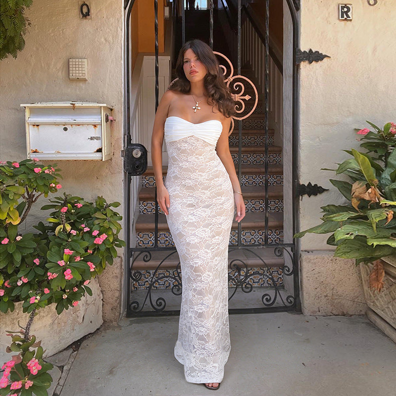 Strapless Wedding Guest Lace Maxi Dress for Women