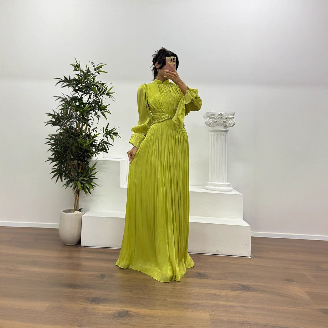 Pleated Long Sleeve Wedding Guest Maxi Dress for Women