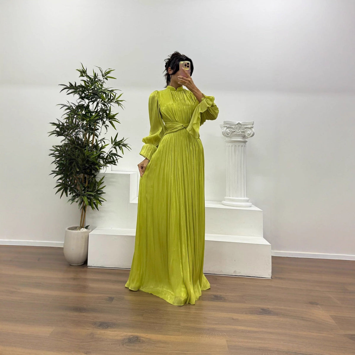 Pleated Long Sleeve Wedding Guest Maxi Dress for Women