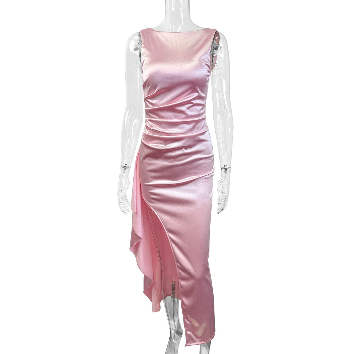 Satin Wedding Guest Maxi Dress with Asymmetric Hem and Side Slit for Women
