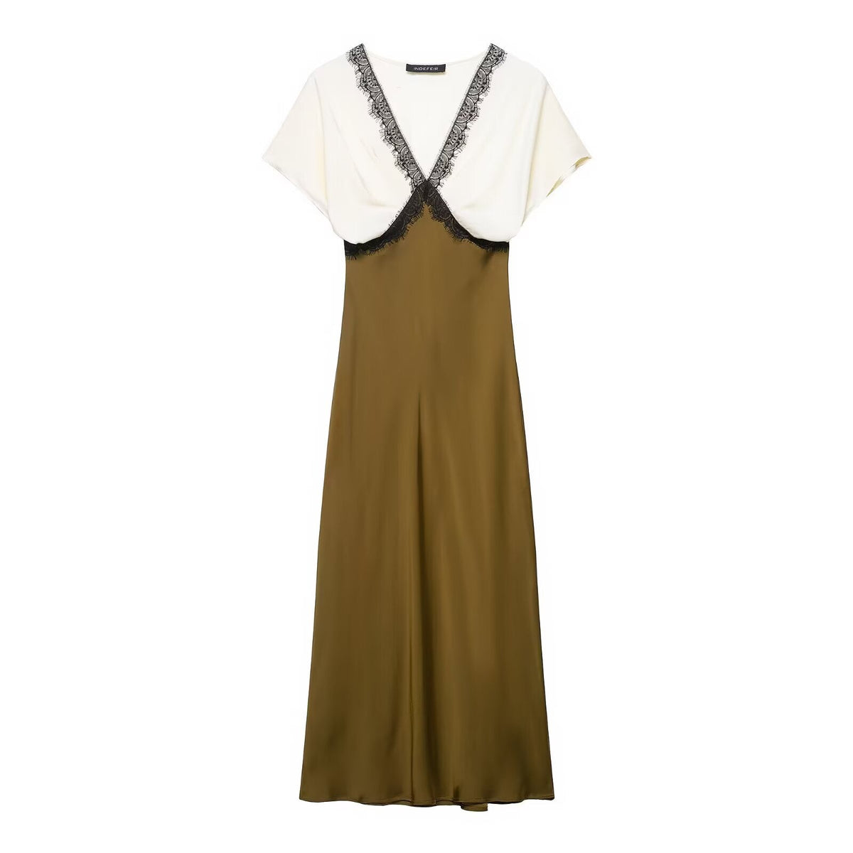 V-Neck Satin Maxi Dress with Lace Trim for Women