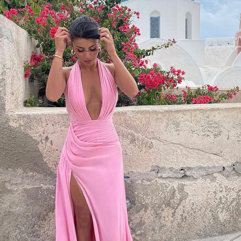 Deep V-Neck Wedding Guest Maxi Dress with High Slit for Women