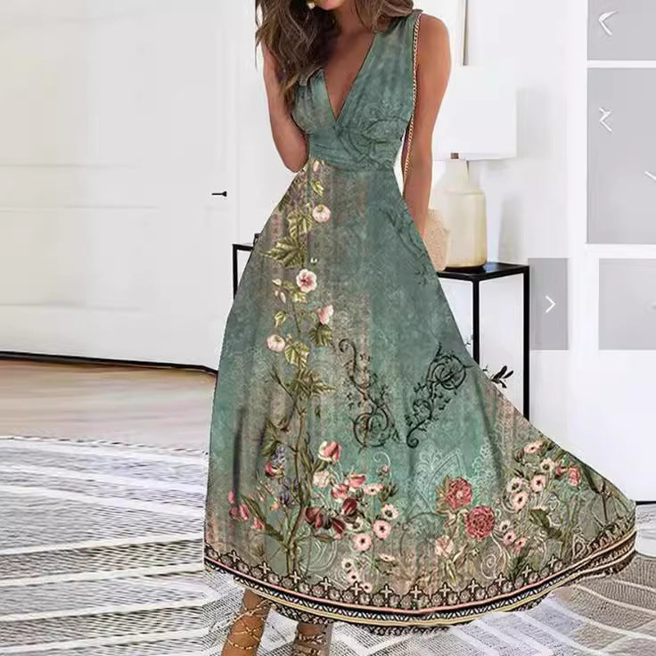 Floral V-Neck A-Line Wedding Guest Maxi Dress for Women