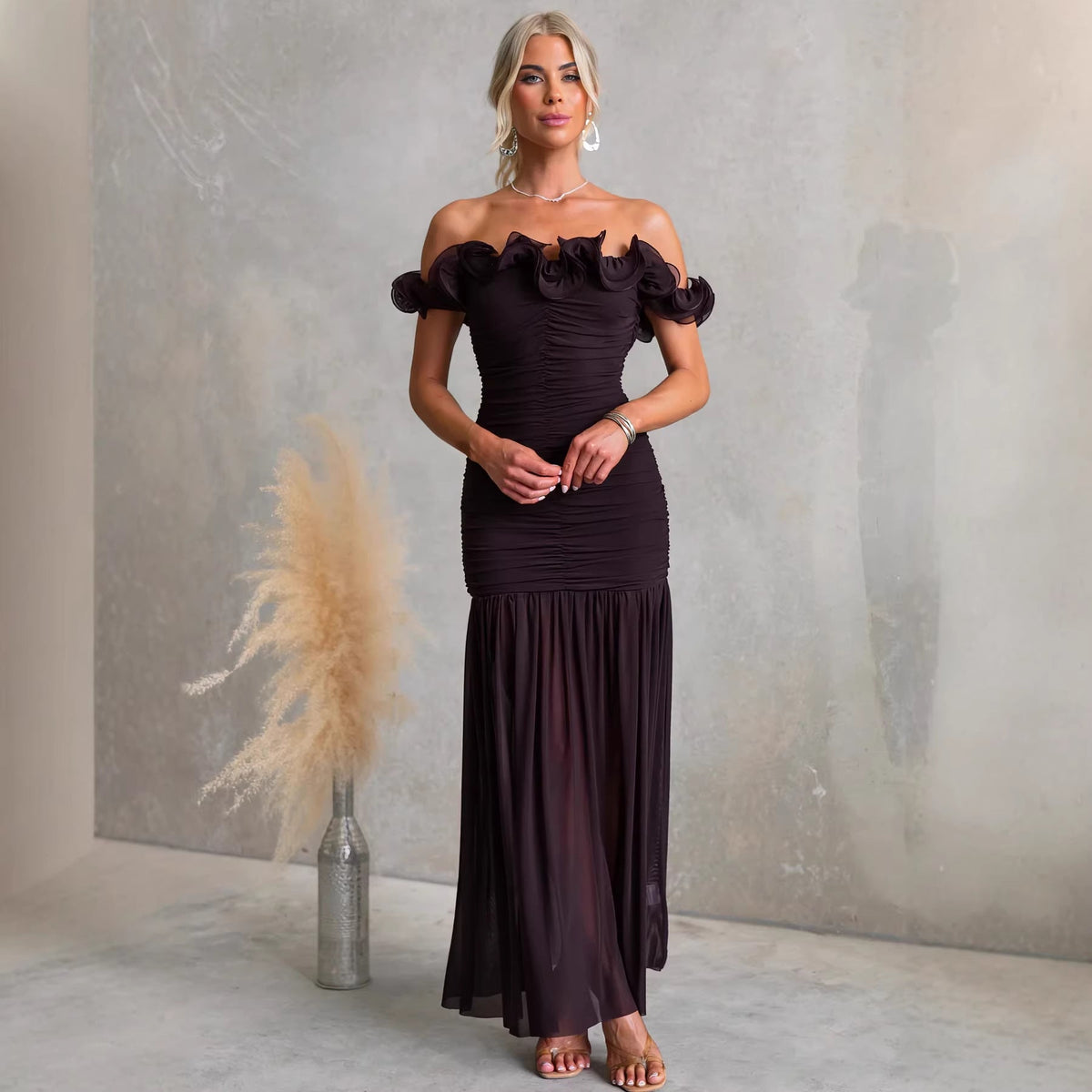 Off-Shoulder Wedding Guest Maxi Dress with Ruffle Details for Women