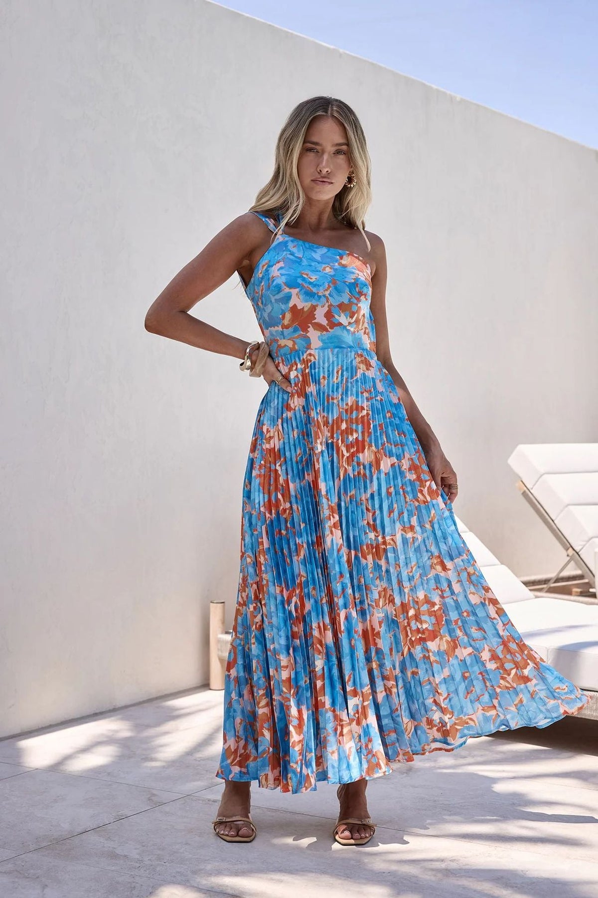 Halter Pleated Floral Wedding Guest Maxi Dress for Women