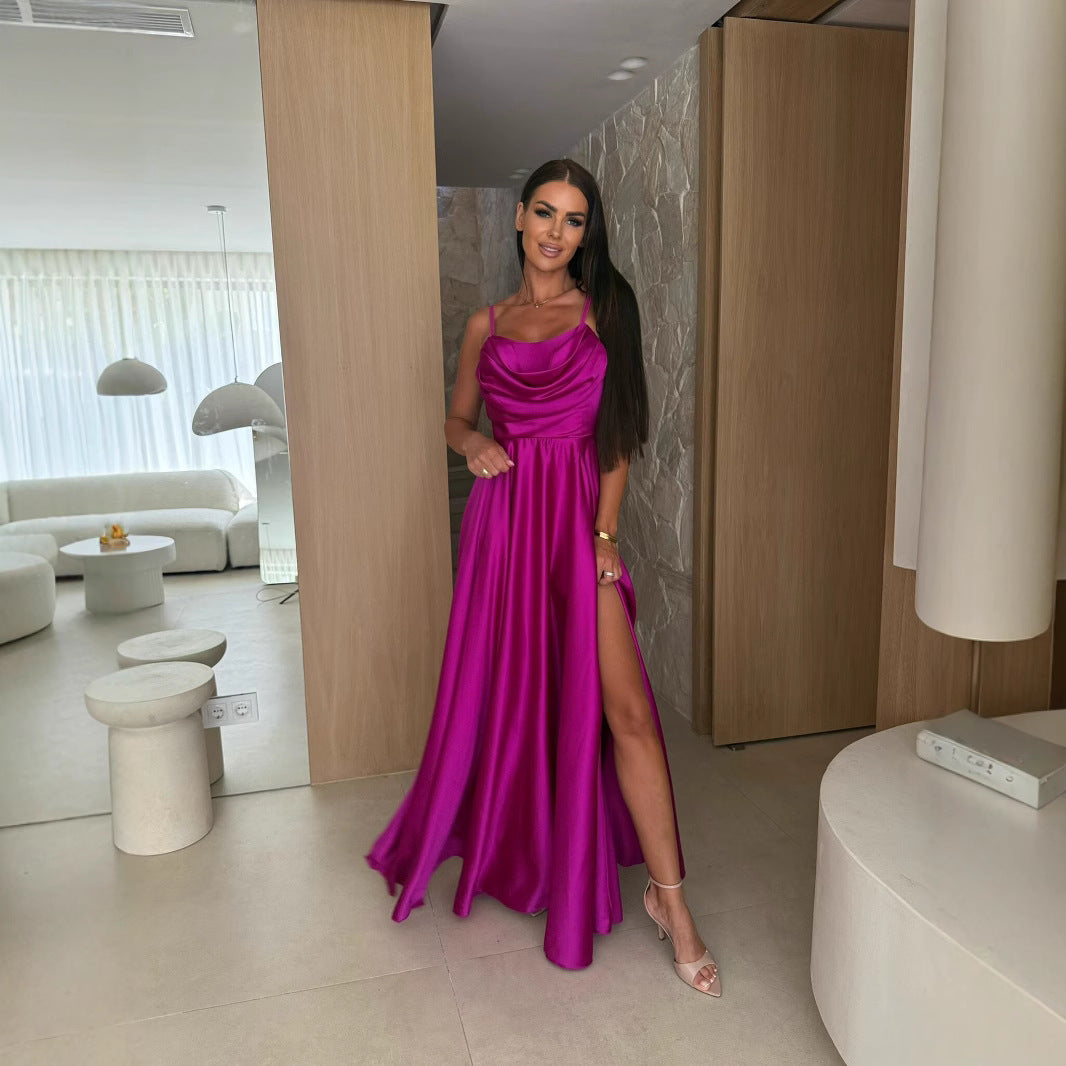 Cowl Neck Pleated Satin Wedding Guest Maxi Dress for Women