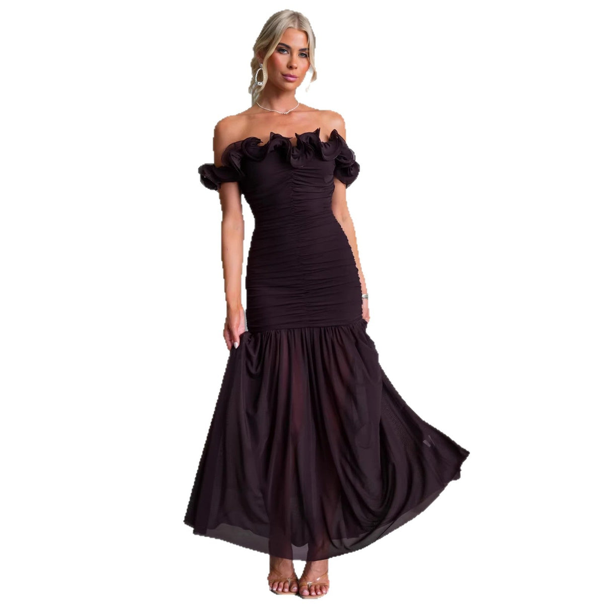 Off-Shoulder Wedding Guest Maxi Dress with Ruffle Details for Women